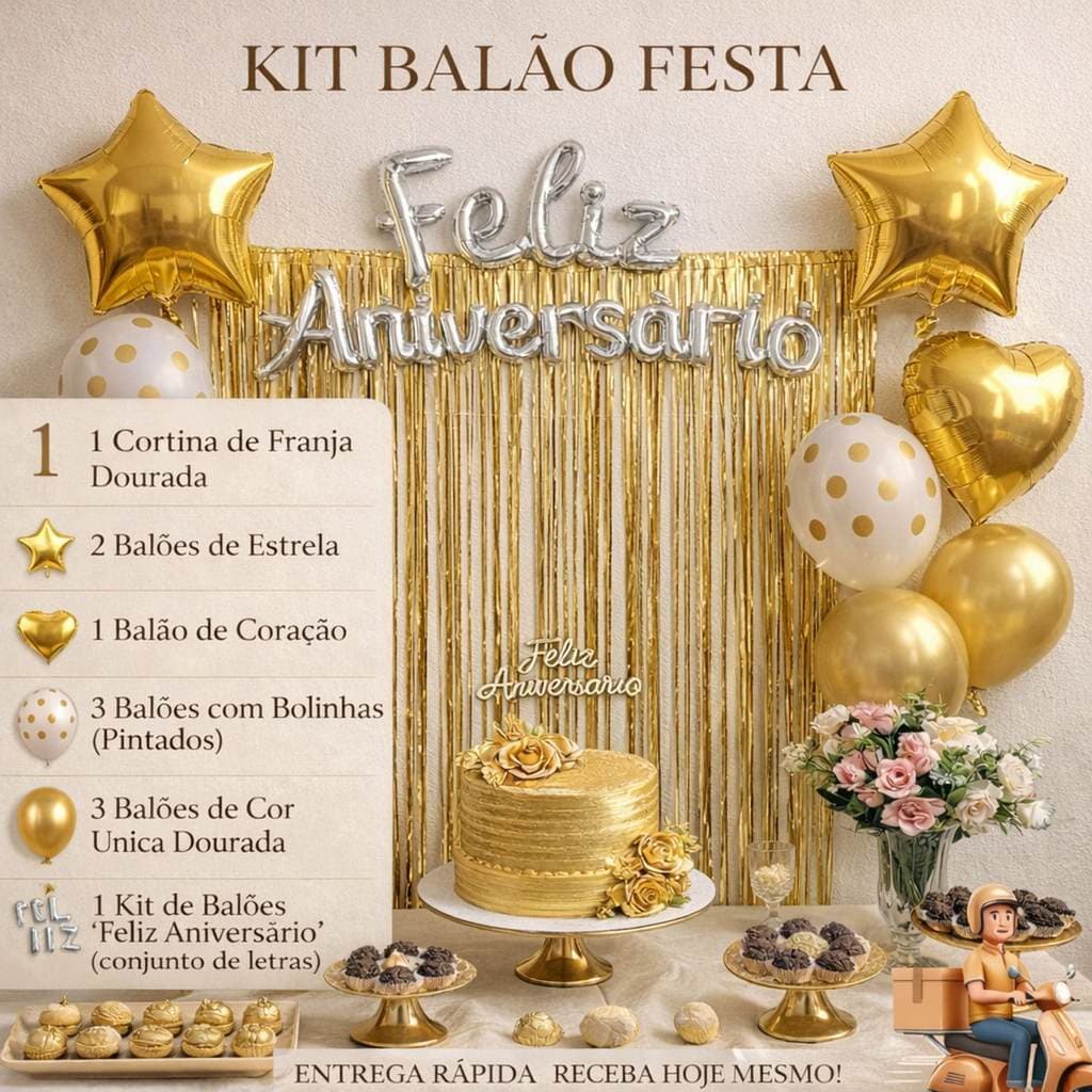 Kit Balão Metalizado Cortina Bexiga Feliz Aniversário Decoração de Festa Completa