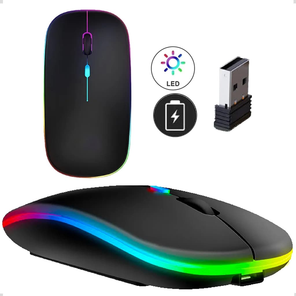 Mouse Sem Fio Bluetooth com Iluminacao RGB Conexao Dupla e Design Ambidestro para PC e Notebook e Cel