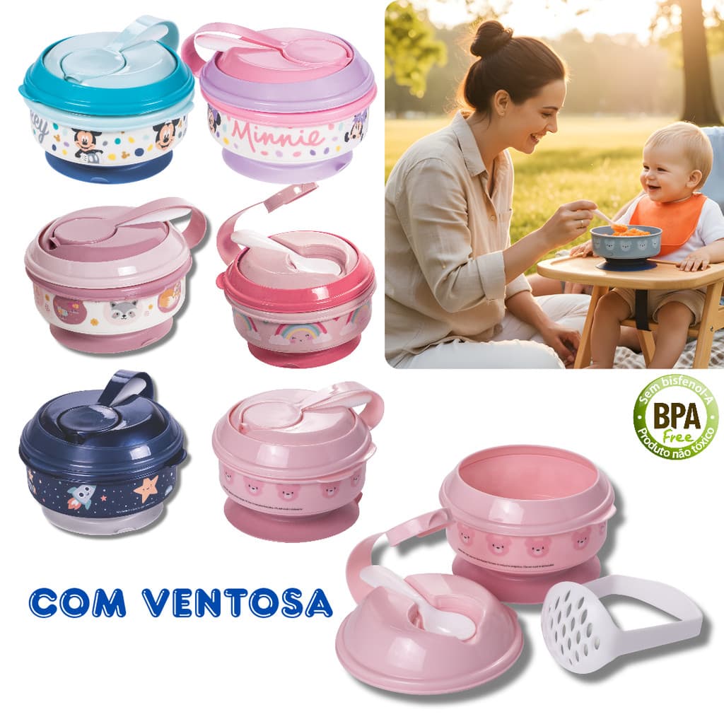 Kit 3 em 1 pote papinha sopa com amassador ventosa p/ bebe passeio introdução alimentar livre de BPA