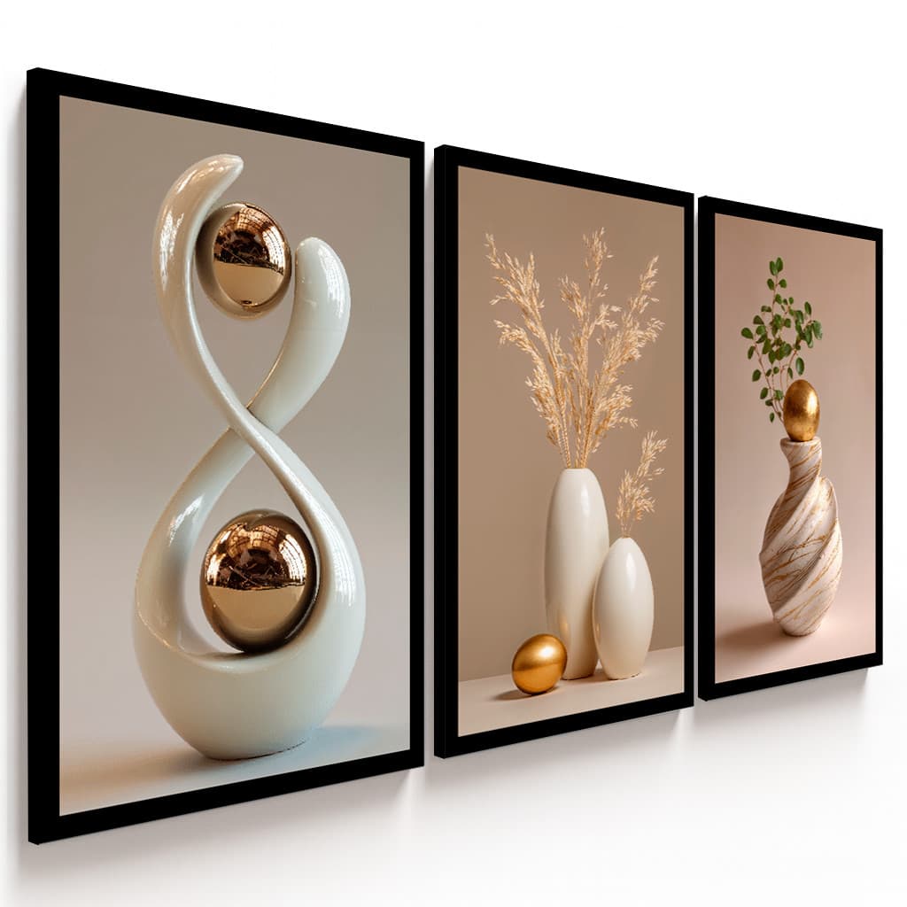 Kit Quadro Decorativos 3 Peças Abstrato Geométrico Vasos Bege Dourado Minimalista Moderno Sala