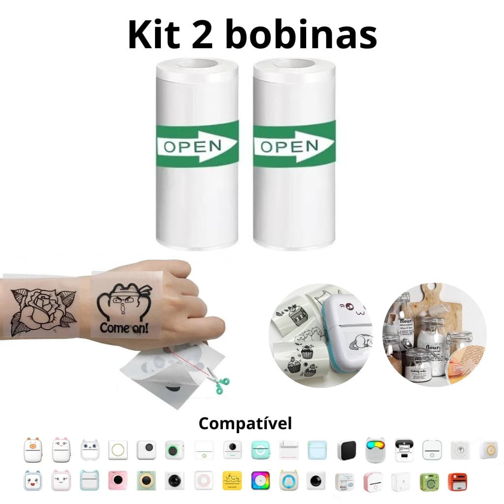 Kit C/ 2 Bobinas Etiqueta Térmica Adesiva Transparente Rolo Para Mini Impressora Portátil e a Prova De Água Contínua
