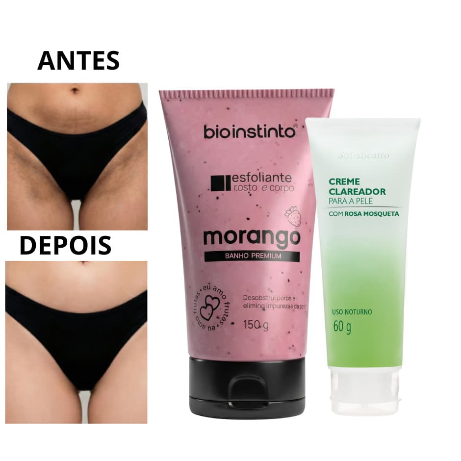 kit Clareador de virilha e axila Para a pele com Rosa Mosqueta + Esfoliante Corpo e Rosto 150g