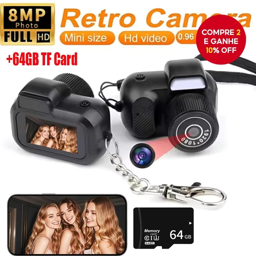  Câmera com tela de 64GB TF cartão HD 1080p com lâmpada flash e doca de bateria, câmera de vídeo portátil ultracompacta