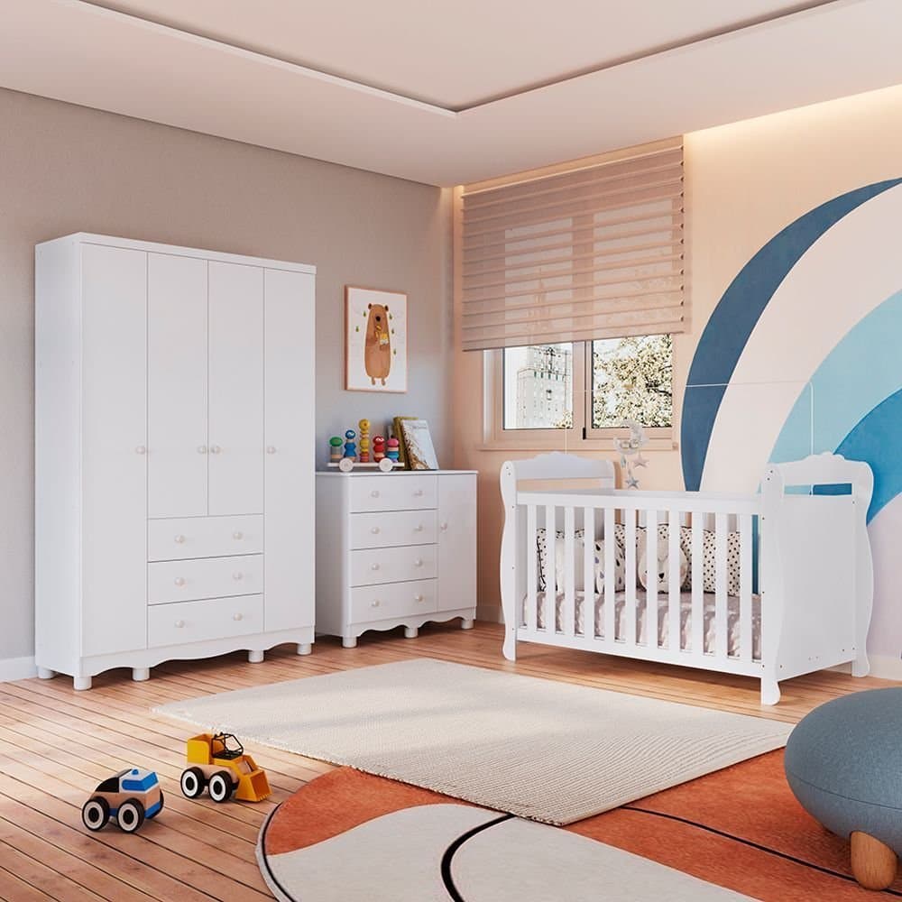 Quarto de Bebê Completo Berço 3 em 1, Guarda-roupa 4 Portas e Cômoda 100% MDF Nina Espresso Móveis Branco Brilho