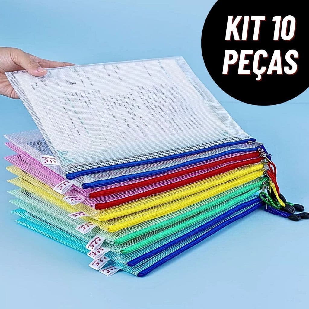 Kit Pasta A4 Plástica com Zíper – Organizador Multiuso Cores Sortidas
