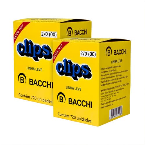 Kit 2 Caixas Clips Bacchi Galvanizado Para Papel Papelaria Tamanho 2/0 Papel Escritório Escola
