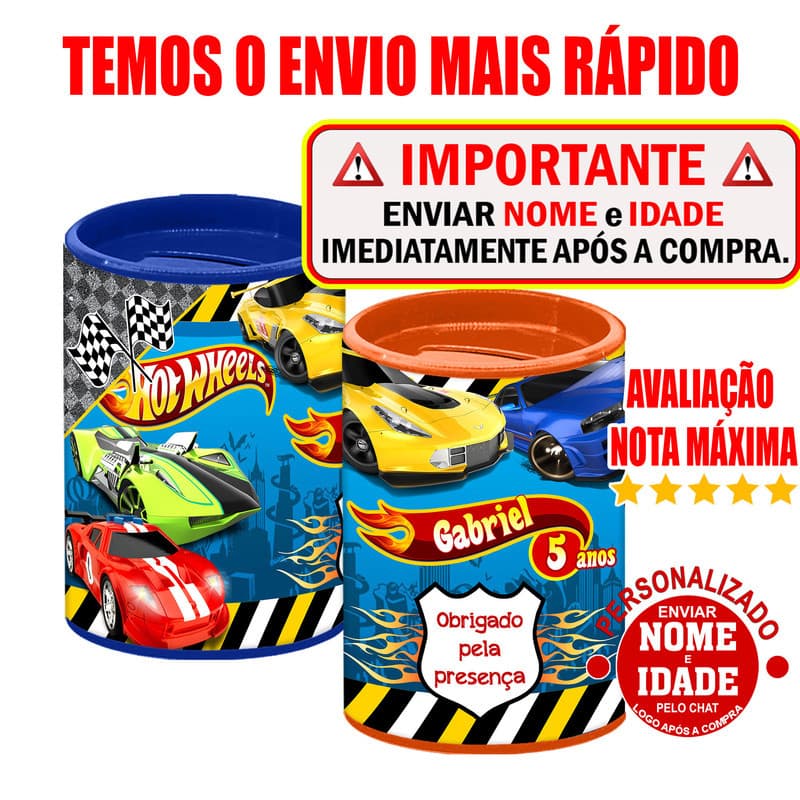 Cofrinho Personalizado Hot Wheels PROMOÇÃO Cofre Lembrancinha Festa Aniversário Hotwheels