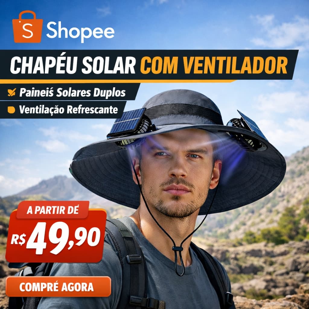 Chapéu de Sol com Ventilador Solar Ajustável Aba Larga Proteção UV Praia Piscina