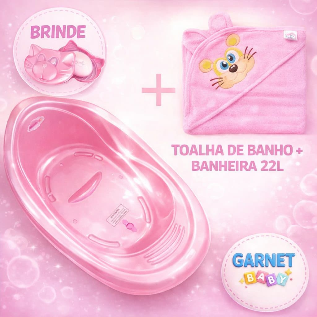 Kit Banheira de Bebe 22L +Toalha de banho + Saboneteira Menina/Menino