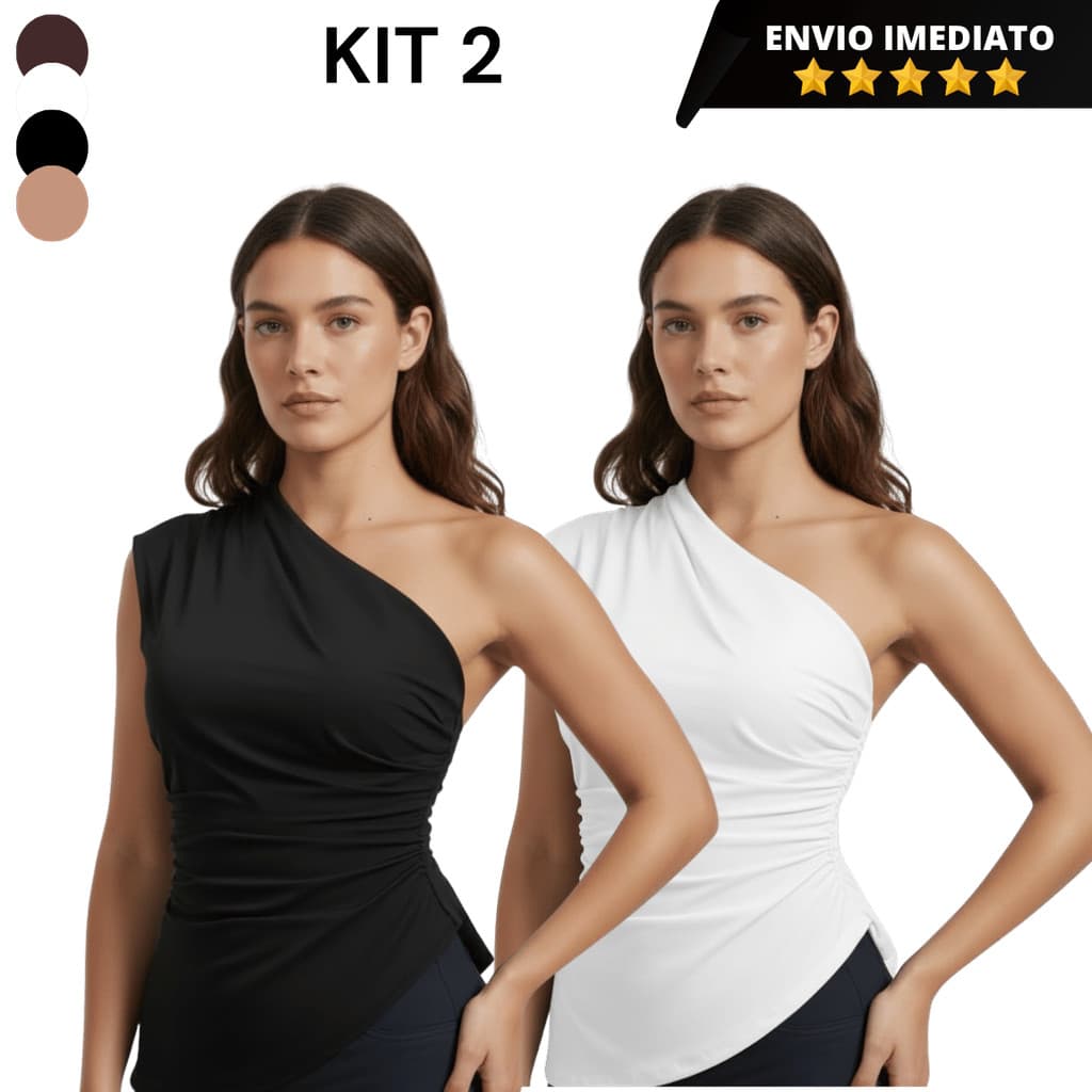 Kit 2 Regata Feminina Mula Manca Assimétrica Franzida Plissada Casual Ombro Único Elegante Moda Promoção