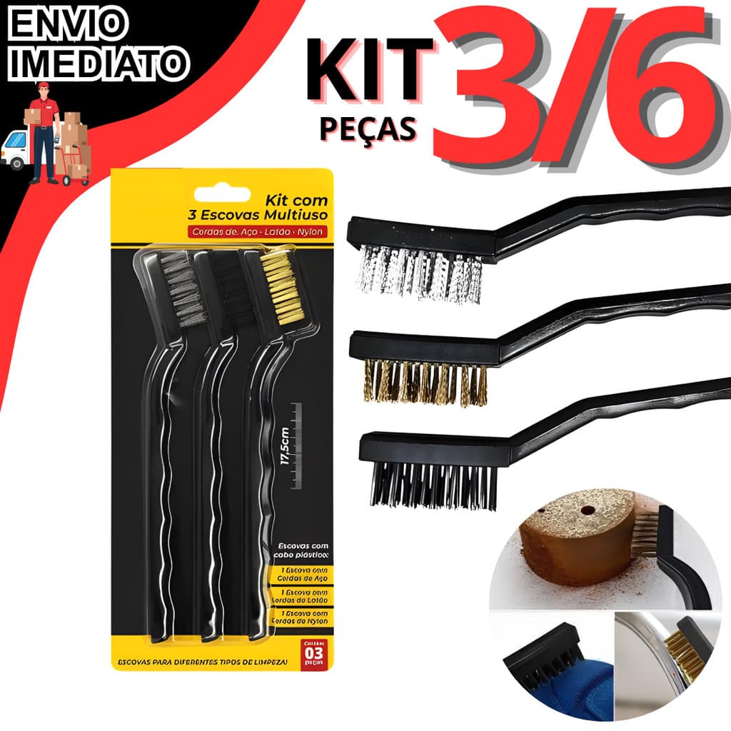 Kit 3 OU 6 Escova Multiuso Profissional Tira Ferrugem Aço Inox Latão Nylon Limpeza Pesadas Grelha Joias Tecidos