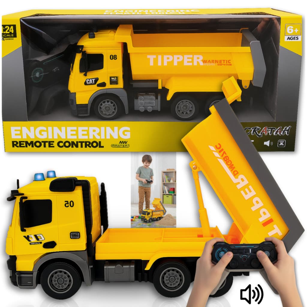 Caminhão Caçamba de Controle Remoto Levanta a Caçamba emite luzes e sons RC Infantil Brinquedo 2.4G