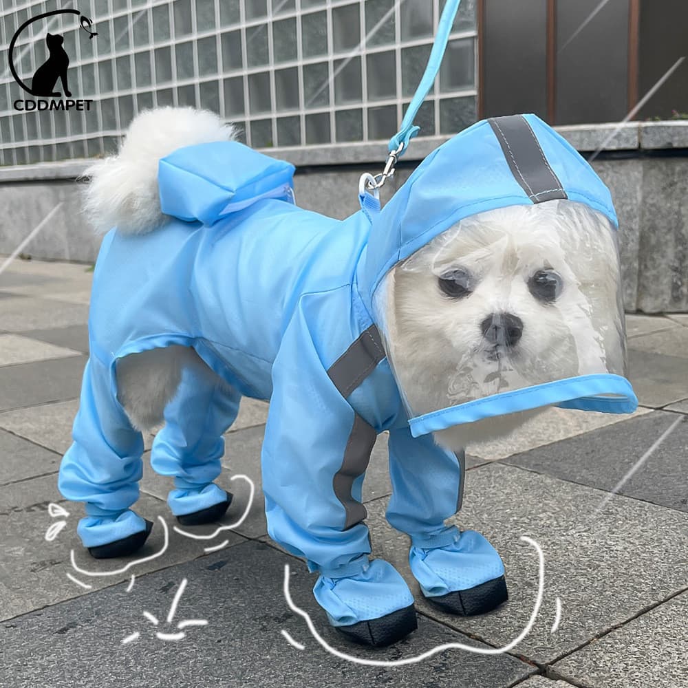 Capa De Chuva Para Cachorro Macacão Impermeável Com Capuz Animais De Estimação Bolsos Bota