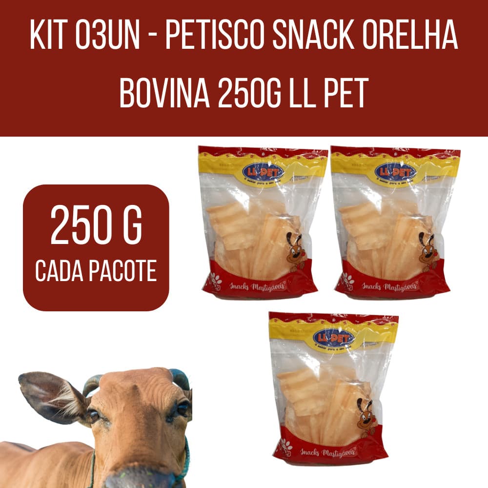 Kit 3 Unidades, Petisco, Snack, Cães, Orelha Bovina, 250g (cada pacote), LL Pet