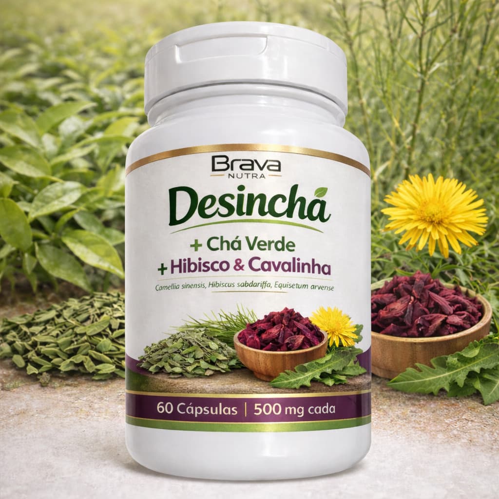 Desinchá Natural | Chá Verde, Hibisco e Cavalinha | Auxilia Contra Inchaço | 60 Cápsulas