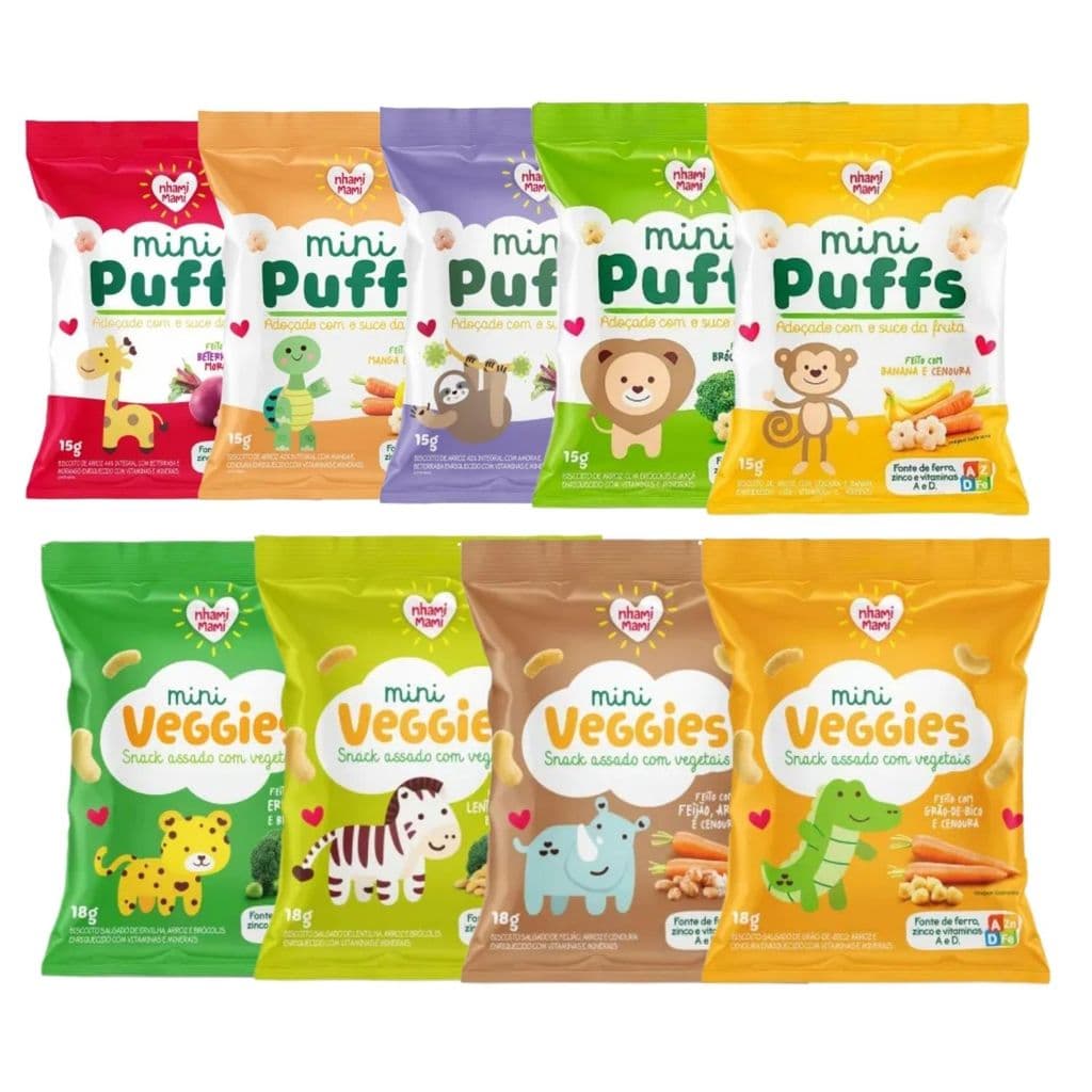 Kit Biscoito Infantil Mini Puffs & Veggies Sabores Sortidos Nhami Mami - 9 Unidades 15g