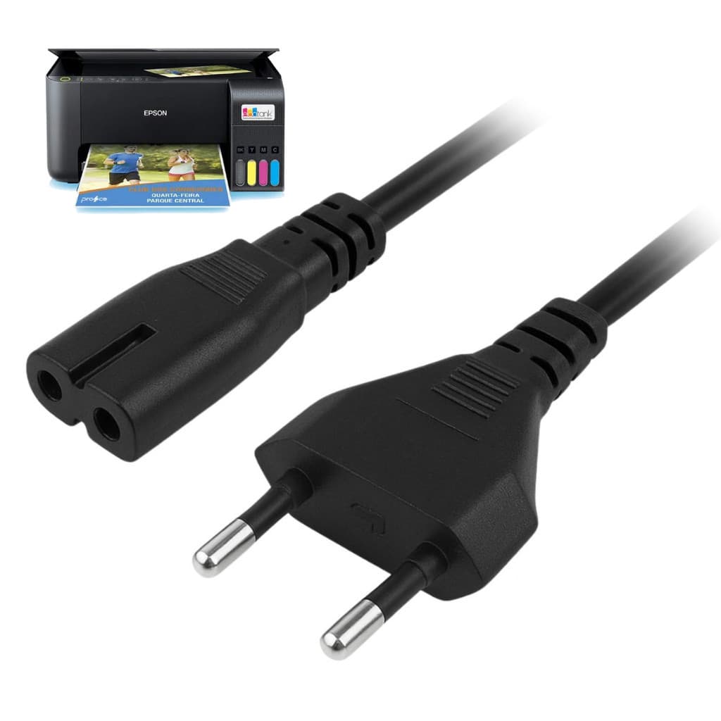 Cabo de Energia Para Impressora HP Epson Canon Lexmark Bipolar 2 Pinos 1,5 Metros Preto, Padrão Novo