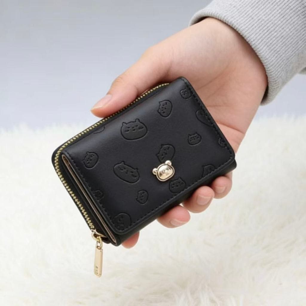 Carteira Curta Feminina Com Estampa De Gatinho Fofo De Couro Multi-Cartão Desenho Com Três Dobras D405 VT