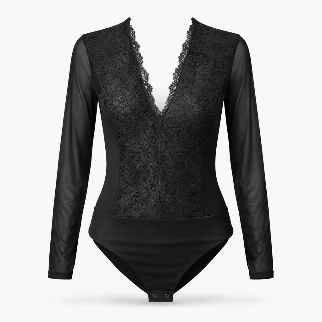 Body Feminino Manga Longa Renda Tule Transparênte Decote V 1802109