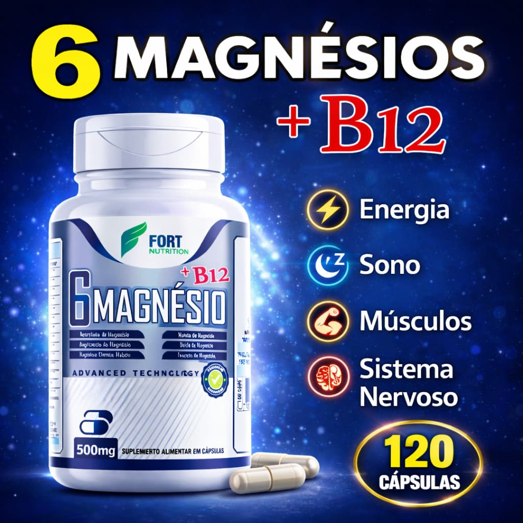 6 Magnésios + B12 500mg 120 Cápsulas | Alta Absorção | Energia, Sono e Sistema Nervoso | Original