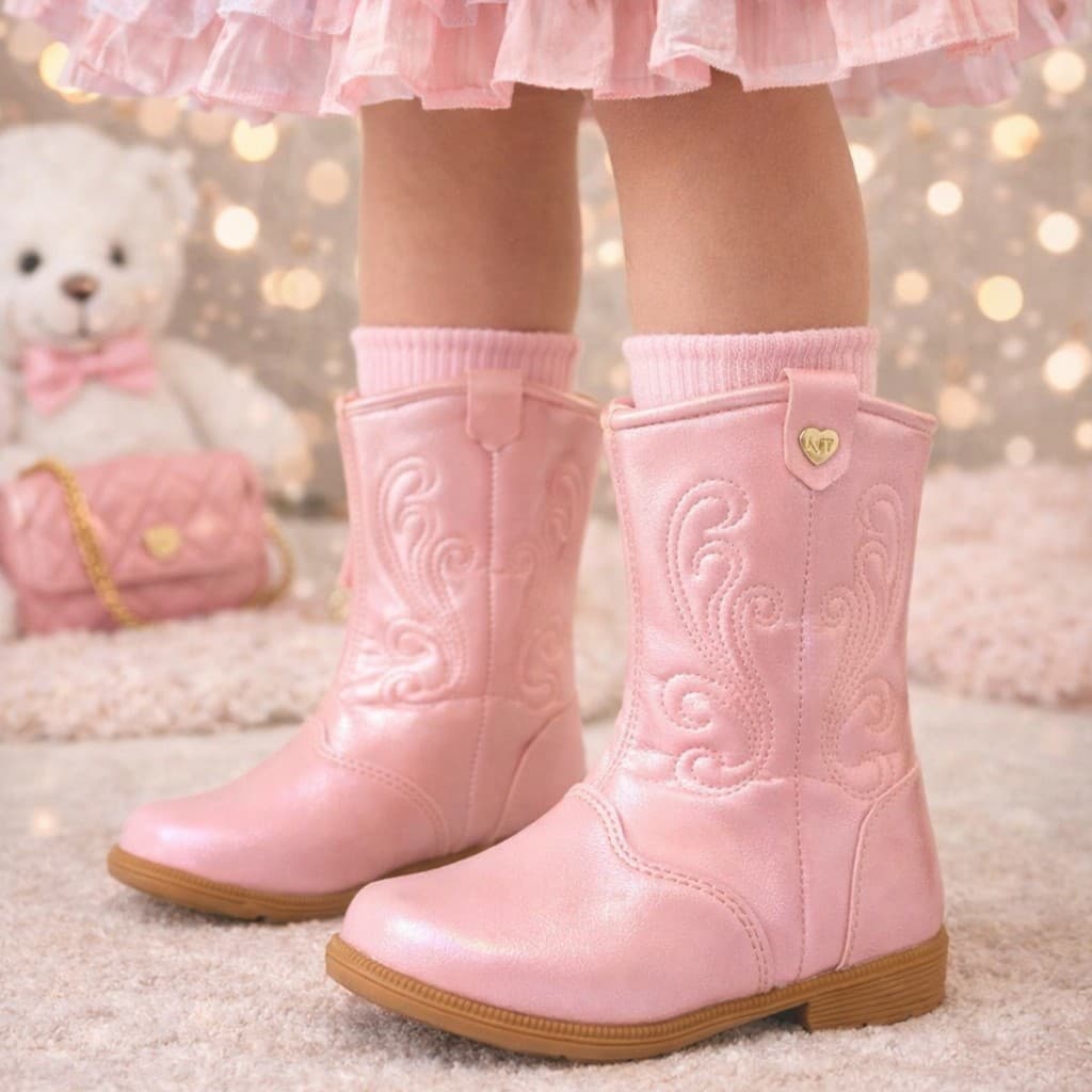 Bota Texana Infantil Menina Cano Longo Country Bordada Confortável Zíper Lateral Inverno Estilosa