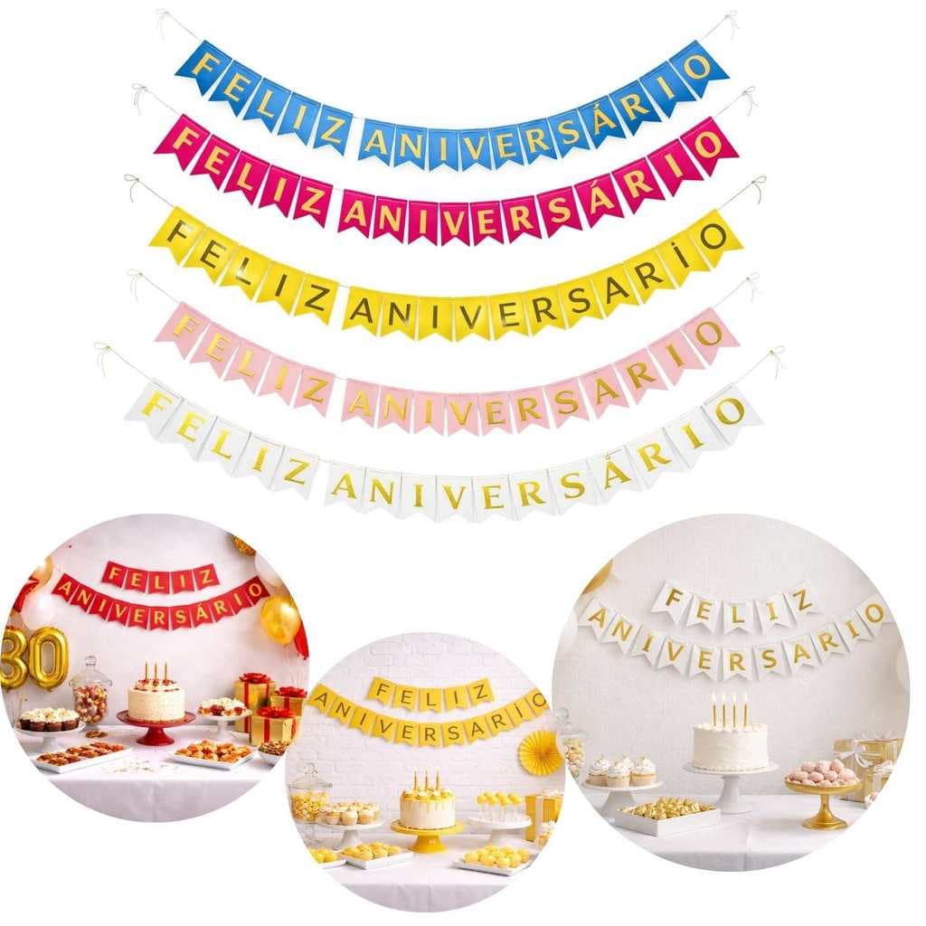 1 Faixa Bandeirinha Varal Feliz Aniversário Várias Cores Festa Decoração