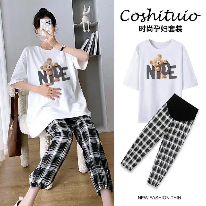 Mulheres grávidas verão terno moda manga curta camiseta nove pontos xadrez calças de perna larga Bloomers influência