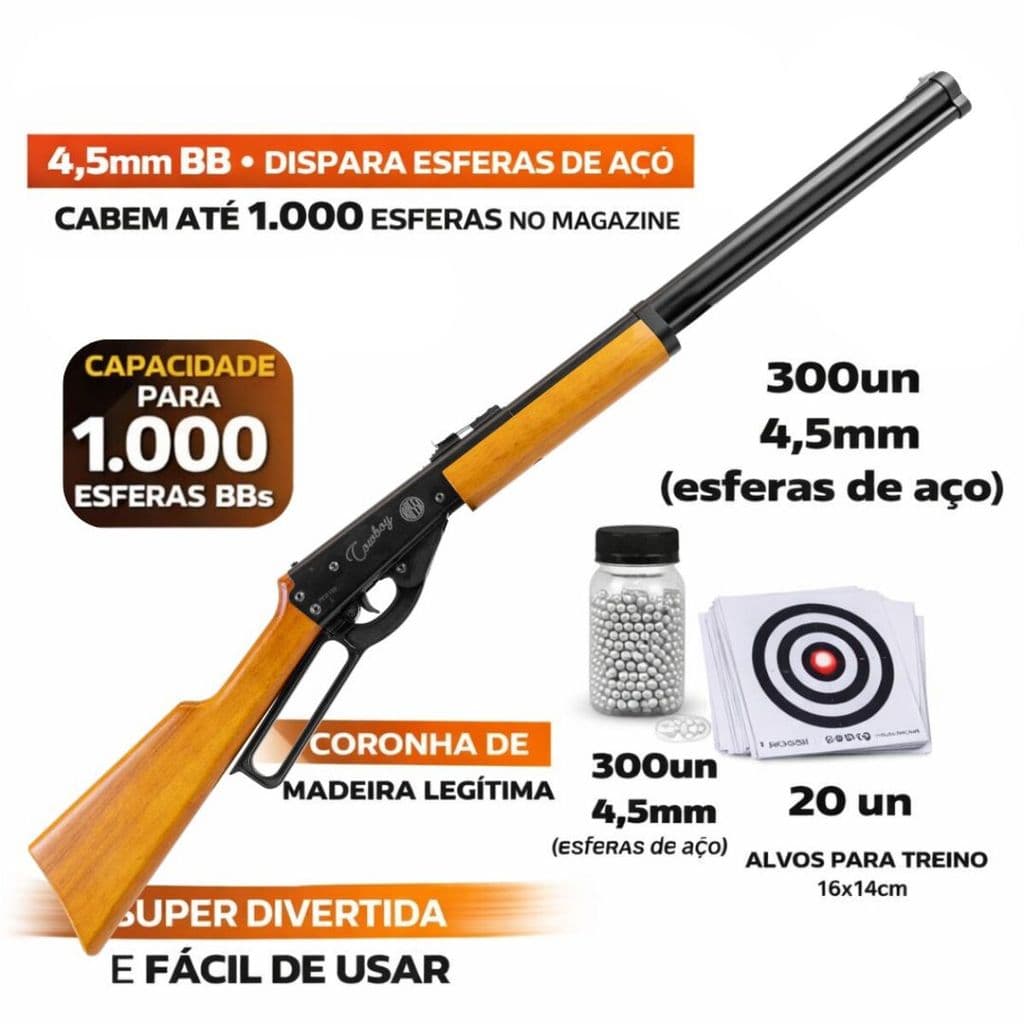 Kit Iniciante Carabina Rossi Cowboy 4,5mm + 300 Esferas + 20 Alvos | Uso Recreativo