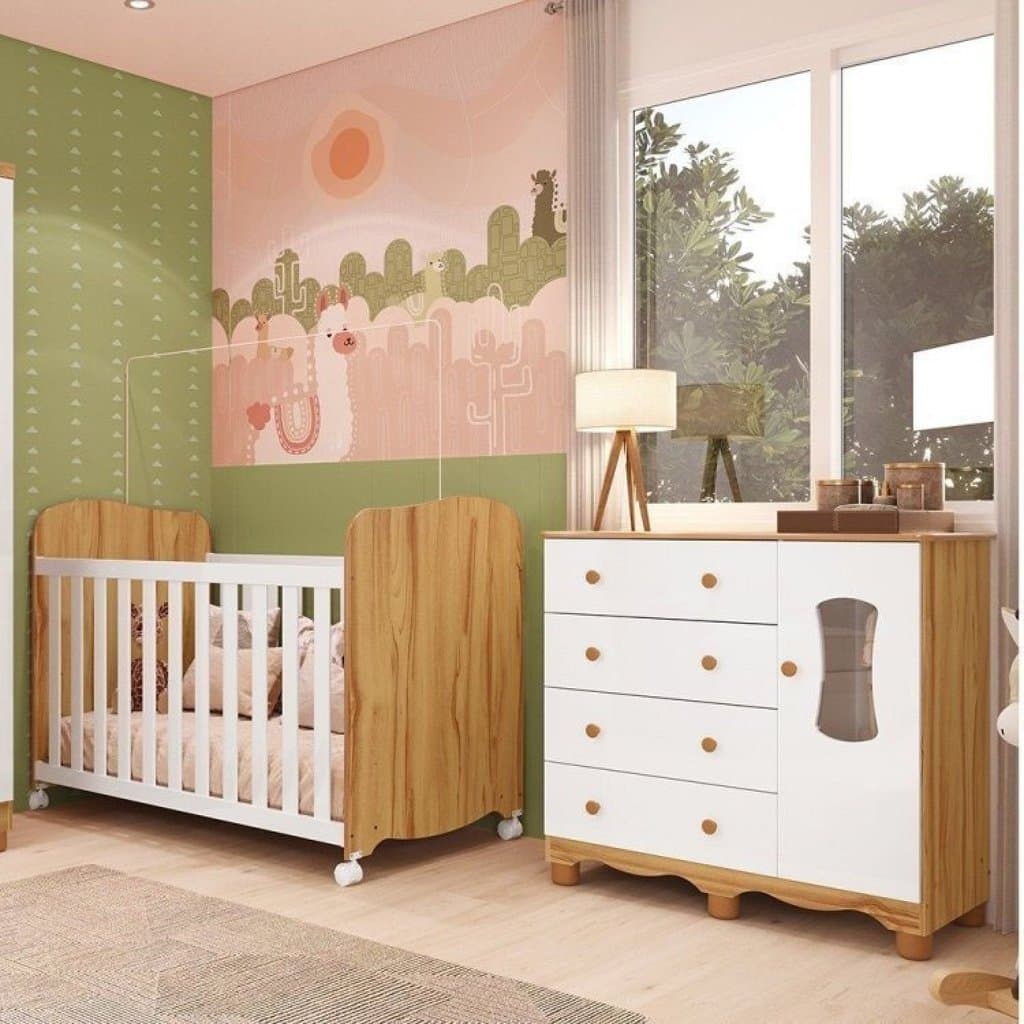 Quarto de bebê Cômoda 1 Pta Janelada 4 Gavetas e Berço 100% MDF Lana Espresso Móveis Branco Brilho/Amêndoa