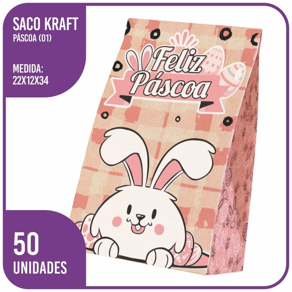 Saco Kraft Feliz Páscoa (01) M 22x12x34 - (50 Unidades)