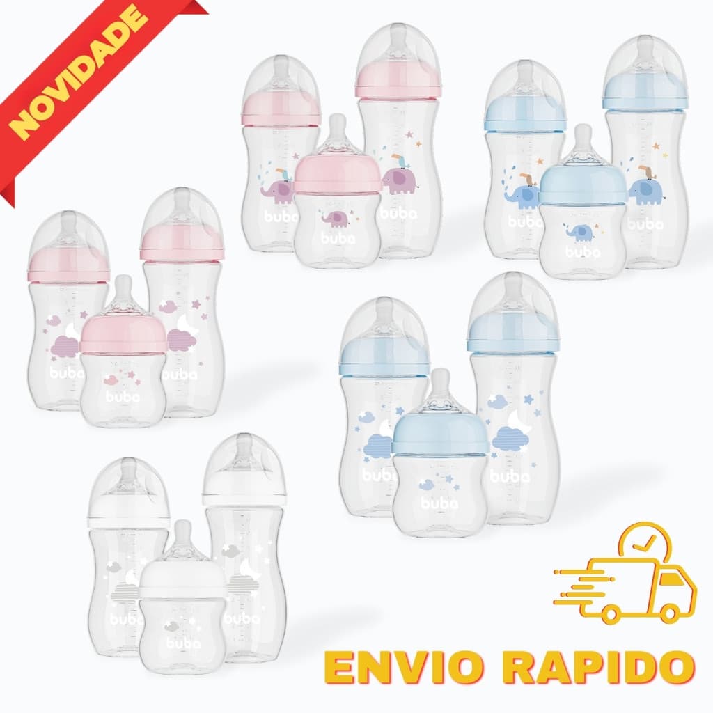 Kit 3 Mamadeiras Bebê Buba Anticólica Silicone +0m Bico Pétala BPA Free 120ml, 270ml e 330ml