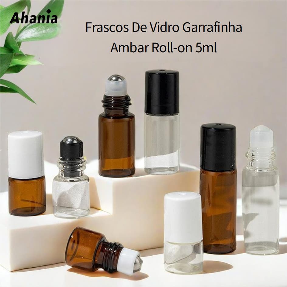 Kit de 4 Mini Frascos De Vidro Garrafinha Roll-on 5ml Para Óleo Essencial Âmbar Com Esfera em Inox Para Viagem