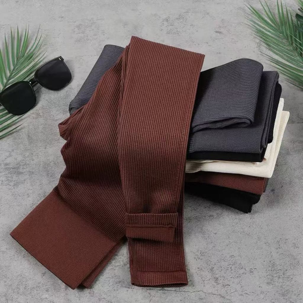 Calça Canelada de Cintura Alta Sem Costura para Academia Feminina, Elástica e Fitness