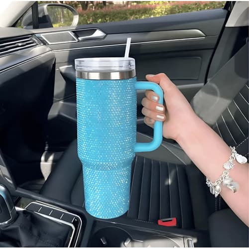 Garrafa Termica Glitter Copo 1200ml Strass Brilhante Canudo Rosa-claro