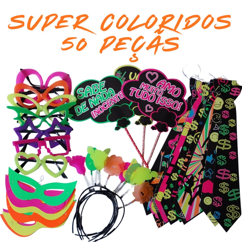 Kit Festa Neon 50 Peças – Tiaras, Óculos, Gravatas, Plaquinhas e Máscaras Fluorescentes