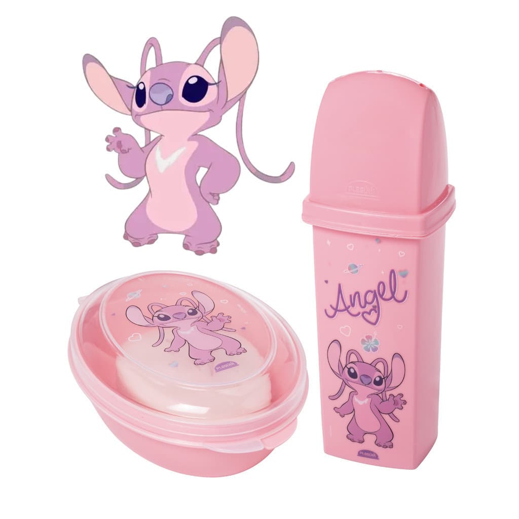 Case Dental e Saboneteira Infantil Angel Stitch Porta Escova Dente Escolar Fofo Higienico Plasutil