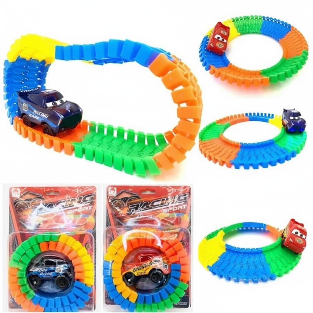 Carrinho Pista Maluca Relâmpago McQueen Com Led Trilha Maluca 56 Peças 2 Cores Diferentes Vermelho Azul