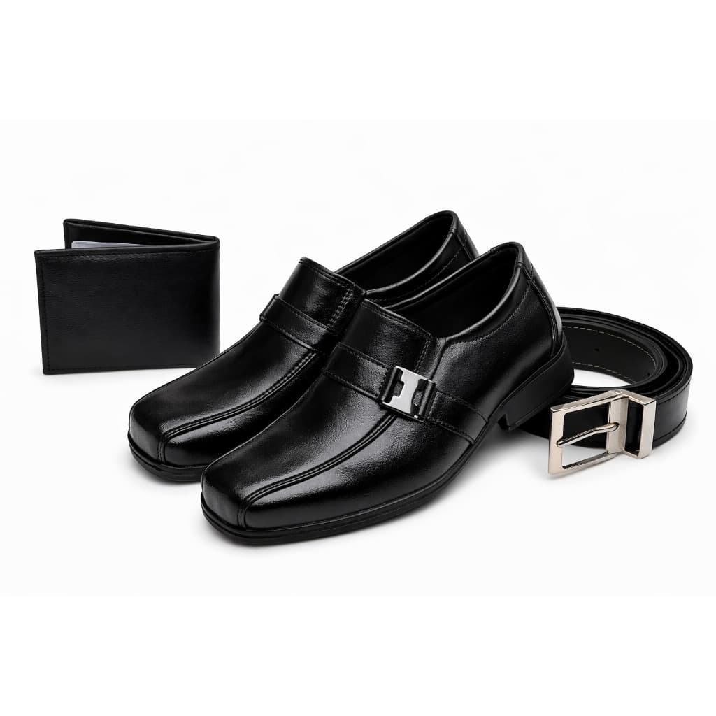 Kit Sapato Social Infantil Preto Verniz + Cinto Dupla Face Preto/Café + Carteira Infantil Preta