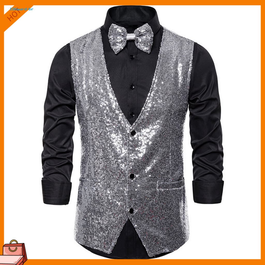 Soft and Warm Men Vest Sleek Sleeveless Jacket Men's Sequin Bow Tie Set Slim Fit Waistcoat Single-breasted V-neck Stage 