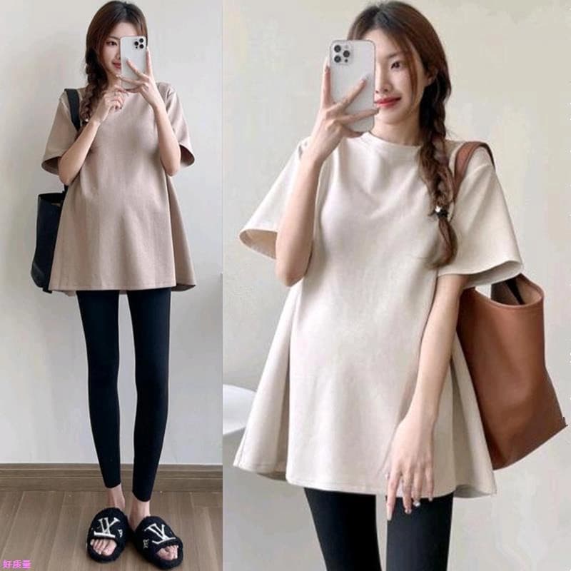 Terno de maternidade solto tamanho grande manga curta camiseta feminina estilo verão capa barriga mais magro olhar topo 