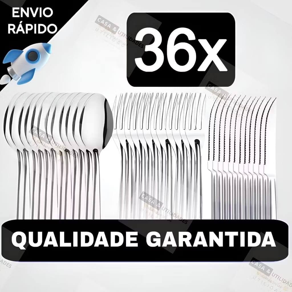 Conjunto Jogo de Talheres 36/18 peças Aço Inox Facas Garfos e Colheres de Mesa Casa Restaurante Design Moderno