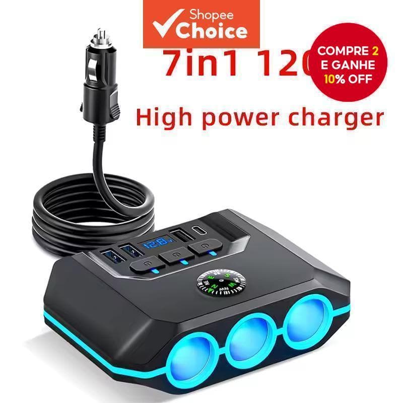 Adaptador de carro 24V/12V divisor 3 tomadas carregador de carro carregamento rápido display de LED voltagem PD20W e