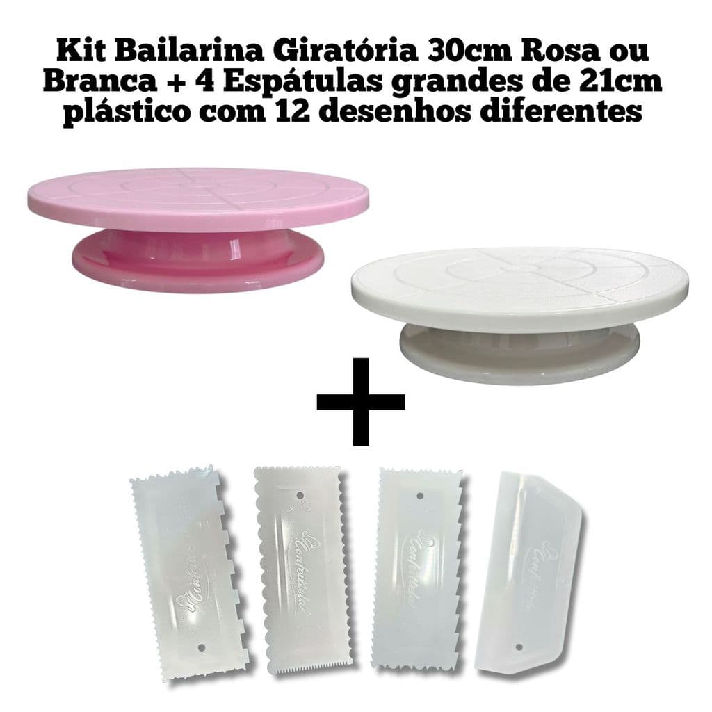 Kit Bailarina Giratória 30cm e 4 Espátulas Grandes com 12 Desenhos Para Confeitaria Bolos e Doce