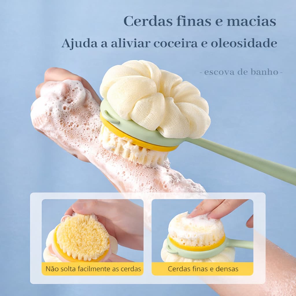 Escova de Banho 2 em 1 Esfoliante para Costas Formato Oval e Redondo Cabo Longo Massagem