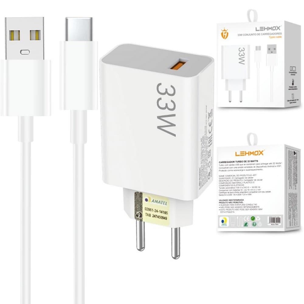 Carregador Turbo Power Lehmox 33W Compatível iPhone 7 8 11 12 13 15 Branco