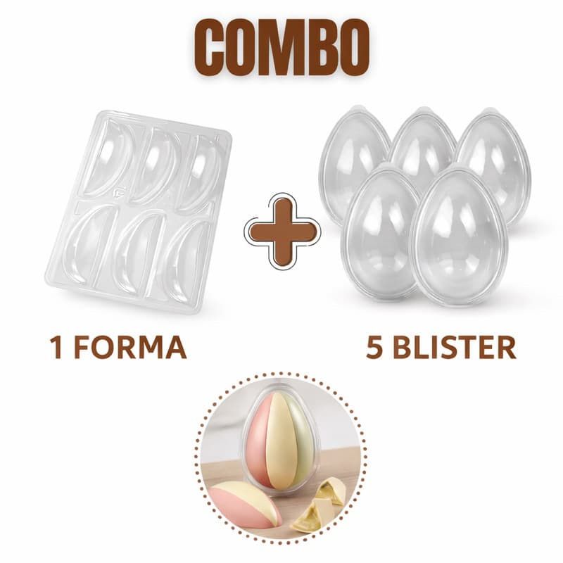 Combo Forma 3 Partes Ovo 6 Fatias 250g PET + Blister Articulado Kit Páscoa
