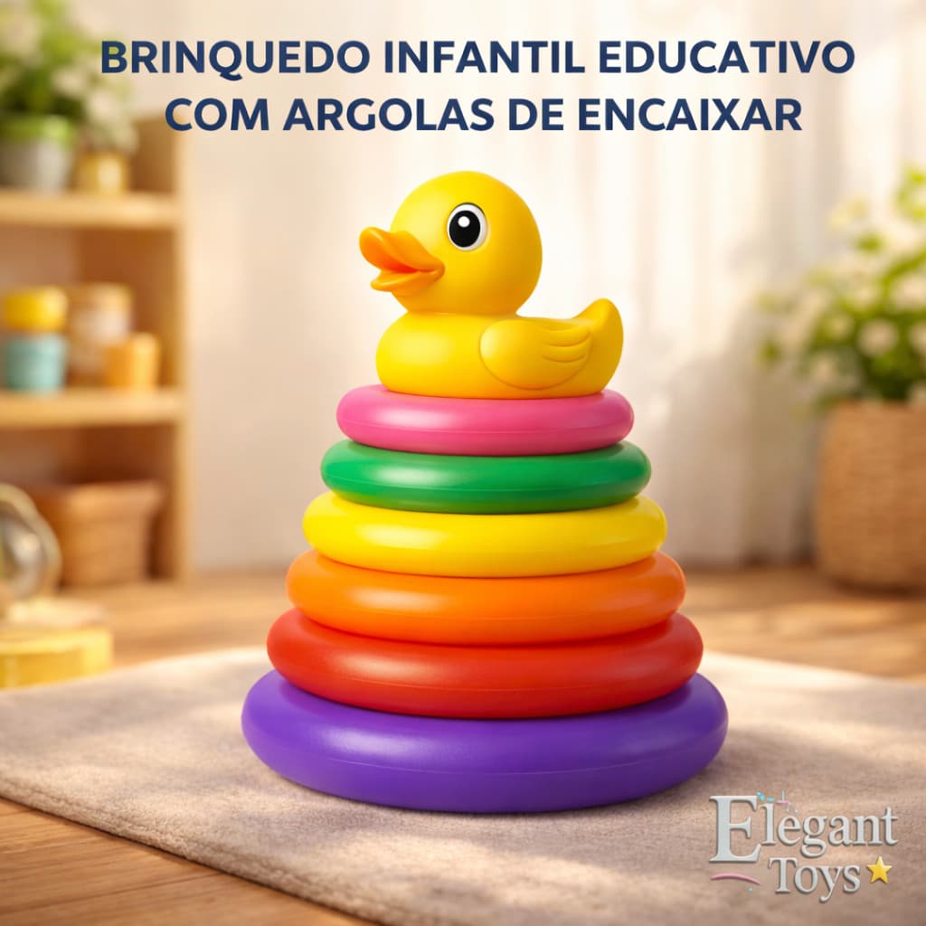 Brinquedo Educativo Infantil Torre de Argolas 5 & 7 Anéis Didático Patinho Peixinho Girafinha
