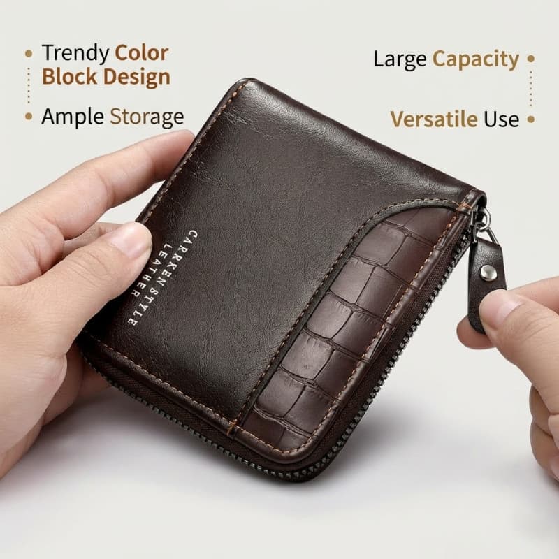 Carteira Vintage De Couro PU Masculina Com Zíper Porta-Moedas Cartão Grande Capacidade-zapstoreshop-