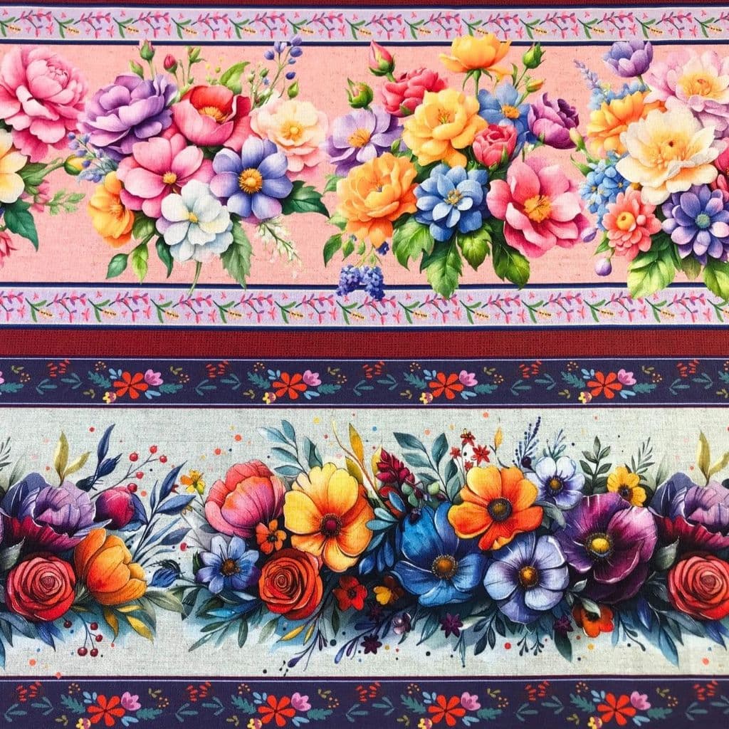 Barrado Tecido Tricoline Digital 100% Algodão Buquê I 10 Faixas 0,55x1,50mt