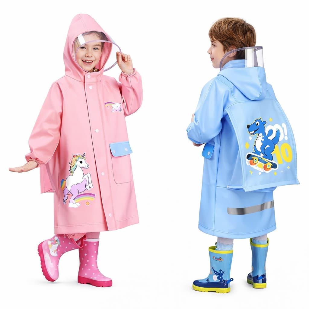 Capa De Chuva Estampada Colorida Infantil De PVC Com Compartimento Para Mochila Tamanhos M, G, GG e XGG.